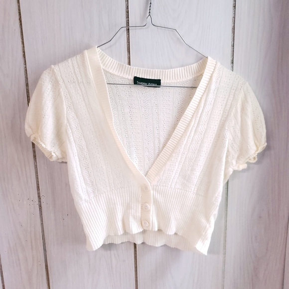Cream Yellow Sweater Project Cropped Cardigan Short Sleeves Size S - Picture 1 of 4